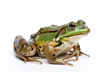 Obraz premium the beside view American Bullfrog, left side view, white copy space on right, isolated on white background