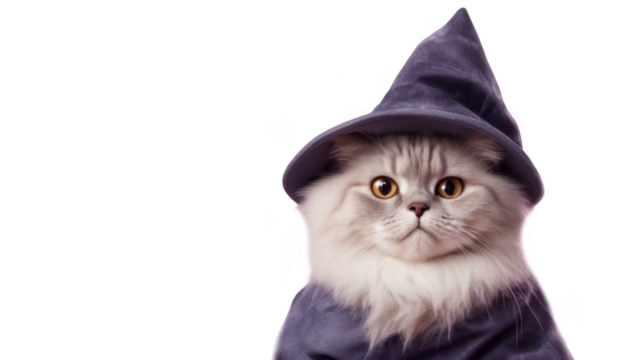Fluffy cat dressed as a wizard with a hat isolate on transparent background, cutout, png