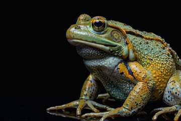 Fototapeta premium the beside view Goliath Frog, left side view, white copy space on right, isolated on black background