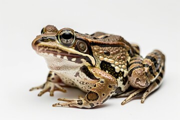 Fototapeta premium the beside view Northern Leopard Frog, left side view, white copy space on right, dutch angle view, isolated on white background