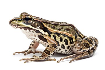 Fototapeta premium the beside view Northern Leopard Frog, left side view, white copy space on right, dutch angle view, isolated on white background