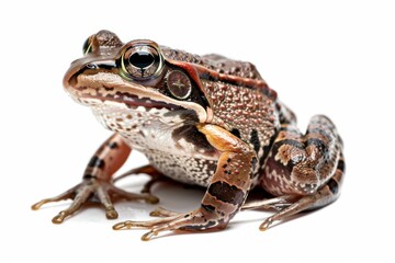 Naklejka premium the beside view Northern Red-legged Frog, left side view, white copy space on right, dutch angle view, isolated on white background