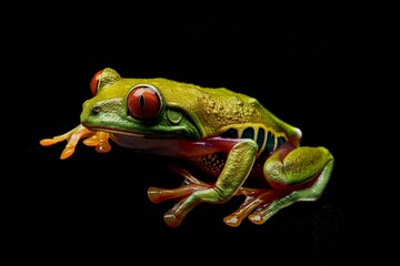 Fototapeta premium the beside view Red-eyed Tree Frog, left side view, white copy space on right, isolated on black background