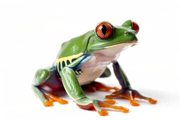 Obraz premium the beside view Red-eyed Tree Frog, left side view, white copy space on right, dutch angle view, isolated on white background