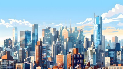 Cityscape Illustration with Blue Sky and White Clouds