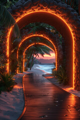 Pathway decorated with lights at sunset in the coconut grove by the sea