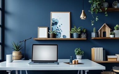 Modern home office setup with laptop, plants, and decor on a minimalist desk against a navy blue wall