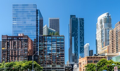 Modern Cityscape with Tall Buildings and Blue Skies