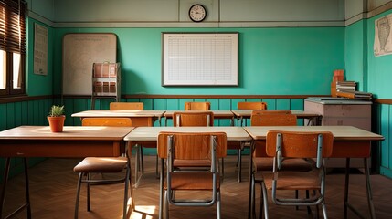 a classroom with a globe on the top of the desks and a globe in the middle.