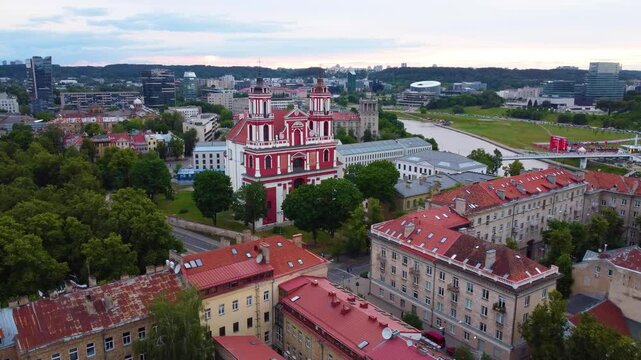 Aerial Vilnius, Lithuania city, marble Saint Jacob church, Nirel River