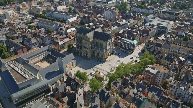 Basilica Saint-Aubin in Place Sainte Anne square and Jacobins convent, Rennes in France. Aerial top down backward and cityscape
