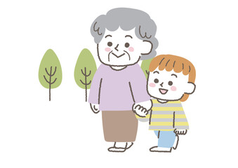 孫と手を繋いで歩く高齢女性のイラスト