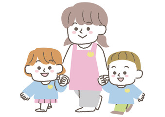 手を繋いで子供と歩く保育士