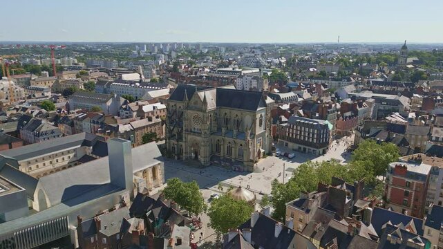 Basilica Saint-Aubin in Place Sainte Anne square and Jacobins convent, Rennes in France. Aerial drone circling and cityscape