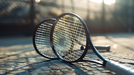 Tennis paddles or rackets resting against the backdrop of the court very detailed and realistic shape
