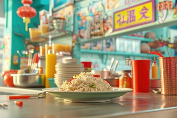Fototapeta premium A plate of food is on a table in front of a wall with Chinese writing
