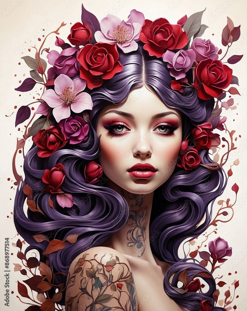 Wall mural flower girl tattoo illustration