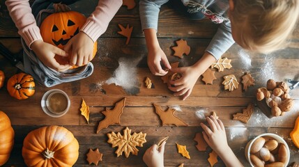 At home, children prepare festive Halloween cookies in the shape of bats for the Halloween holiday