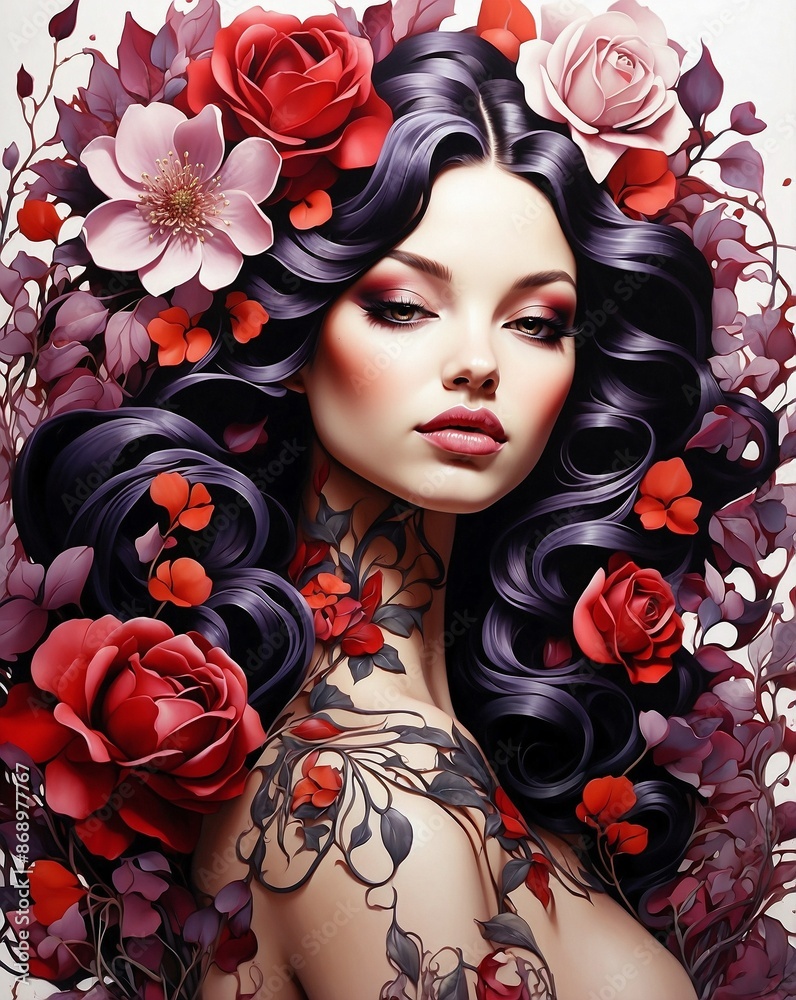 Wall mural flower girl tattoo illustration