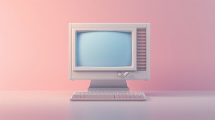 Vintage computer with keyboard on a pink background.
