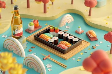 A cartoonish drawing of a sushi platter with a bottle of sake on a table