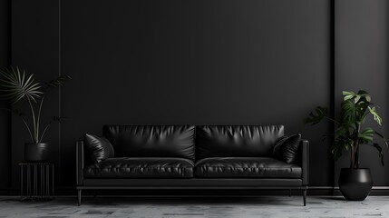 The black sofa in the living room black wall texture background very detailed and realistic shape