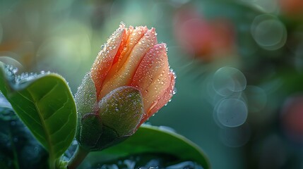 Close-up of a delicate pink flower bud covered in morning dew.