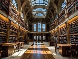 Obraz premium A large and luxurious library with tables and chairs with a large fireplace in the center