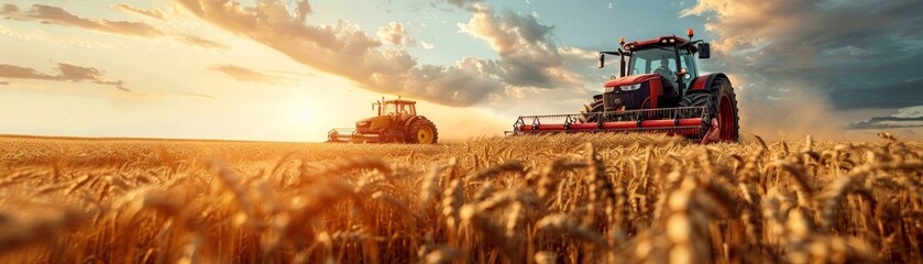 Fototapeta premium A tractor harvesting a field of golden wheat at sunset.