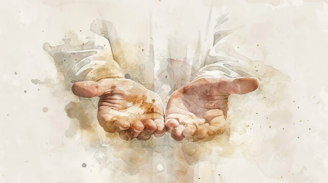 Jesus with Open Hands Biblical Illustration, Watercolor Style, Faith and Grace, Beige Background, copyspace