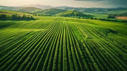 Aerial view of a vast green field with rows of crops stretching towards the horizon.  Sunlight illuminates the landscape.
