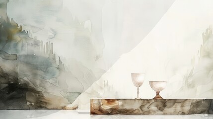 Altar with Chalice and Paten, Biblical Illustration, Beige Background, Christian Sacrament and Ritual, Copyspace