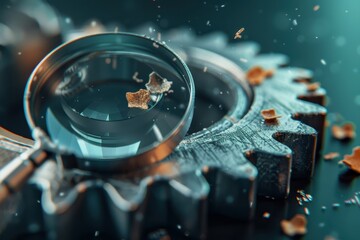 Naklejka premium A close up of a broken gear with a magnifying glass over it