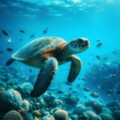Obraz premium Turtle cruising clean blue sea.