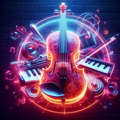 Violin on illuminated neon light background.