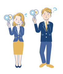 マルバツの札を持つスーツ姿の男女　正解　不正解　悩む　3C