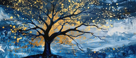 abstract brushstrokes and rich, metallic colors, this gold and blue winter tree wall art is a statement piece that's sure to add a touch of glamour and elegance to any room