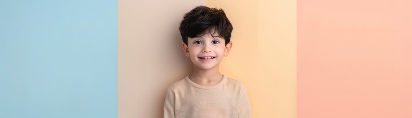 Smiling boy with dark hair in front of colorful background.