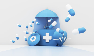Concept of insurance for health and physical strength Complete with a first aid bag and painkillers floating in shades of blue. 3d render