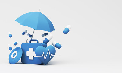 Concept of insurance for health and physical strength Complete with a first aid bag and painkillers floating in shades of blue. 3d render