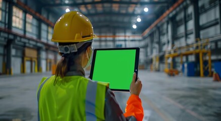 Engineer using tablet with green screen in a modern warehouse - Powered by Adobe