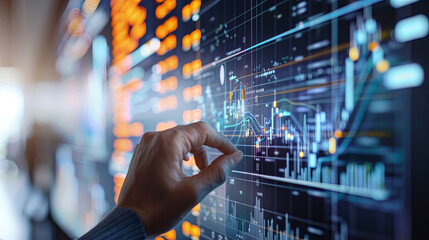 Graph of fluctuations in sales dynamics on an electronic screen, the manager’s hand points to reference points in the graph, online shopping advertising