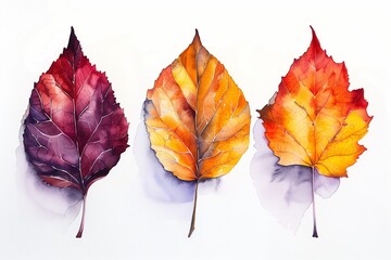 Autumnal leaves in water color isolated on white background 