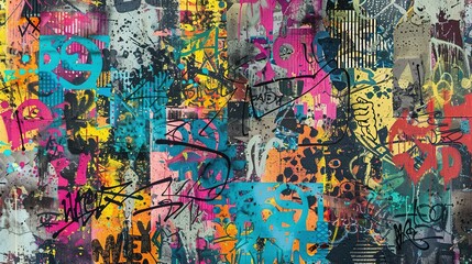 Fototapeta premium Seamless Graffiti Pattern: Vibrant Colors on Weathered Concrete Wall