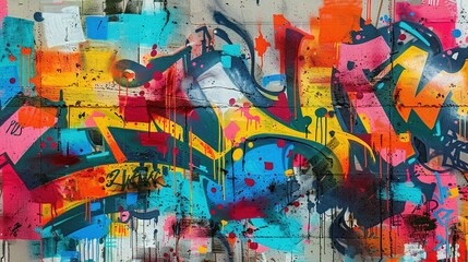Fototapeta premium Weathered Concrete Wall: Seamless Pattern of Colorful Graffiti