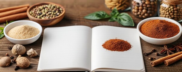 Open cookbook with spices on a rustic table.