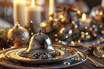 A bell sits on a background with Christmas decorations