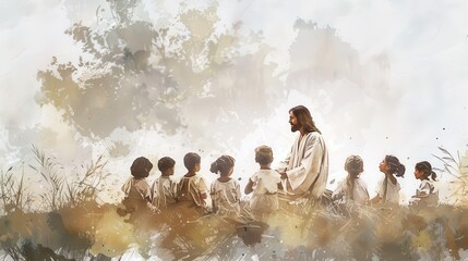 Jesus Teaching Modern-Day Children Biblical Illustration, Ancient Wisdom, Contemporary Relevance, Beige Background, copyspace
