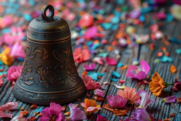 A bell sits on a wooden table with colorful flowers scattered around it