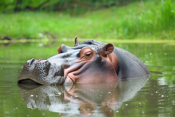 Hippopotamus amphibious lying in a water pond in a park.